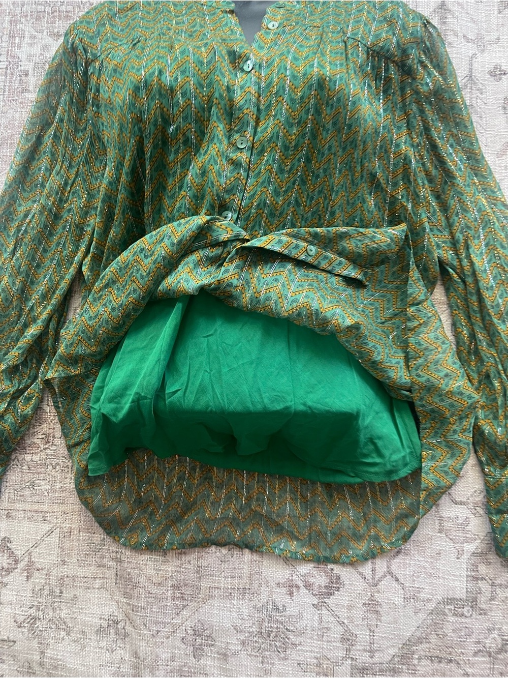 ba&sh Green Chevron Wize Ruffle-Neck Blouse - Picture 10 of 10